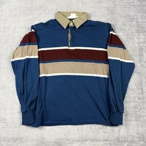 Vintage Rugby Polo Mens 46 Blue Striped 80s Long Sleeve School Preppy Tennis